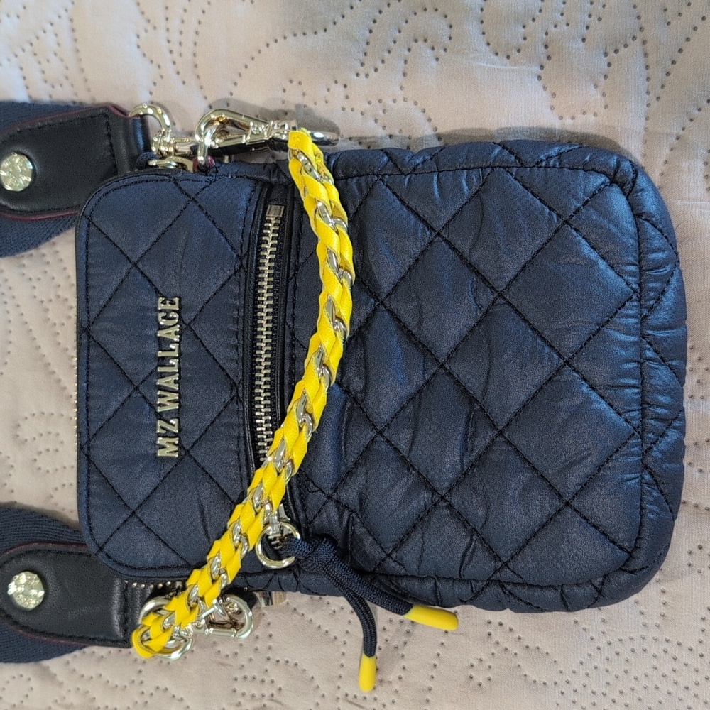 MZ Wallace Quilted Cosby Crossbody Bag with Yellow and Navy Strap - Picture 2 of 9